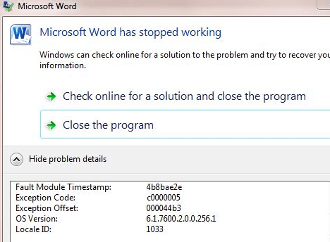 word has stopped working