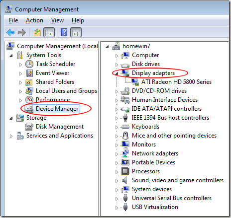 Look for a Projector in Windows 7 Device Manager