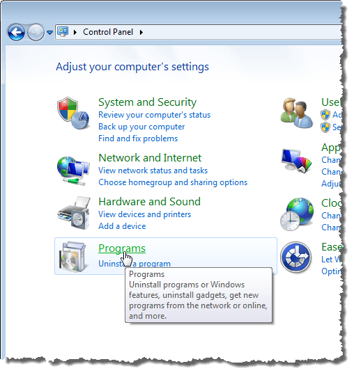 Al hacer clic en el enlace Programas en Windows 7