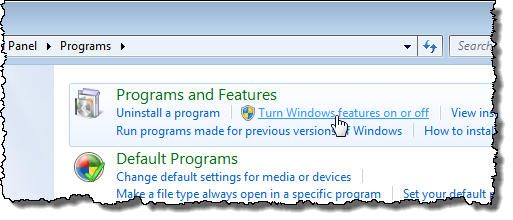 Al hacer clic en Activar o desactivar las características de Windows en Windows 7