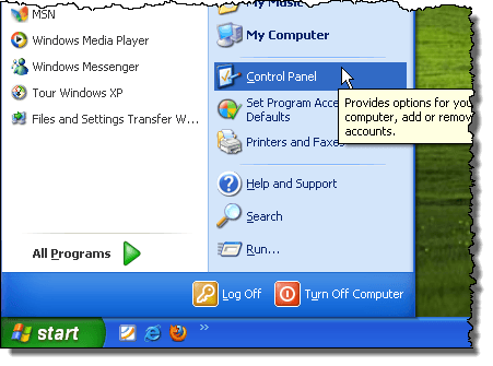 Apertura del panel de control en Windows XP