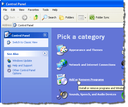 Al hacer clic en el enlace Agregar o quitar programas en Windows XP