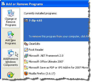 Al hacer clic en Agregar / Quitar componentes de Windows en Windows XP