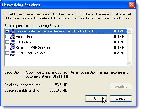 Detalles para servicios de red en Windows XP
