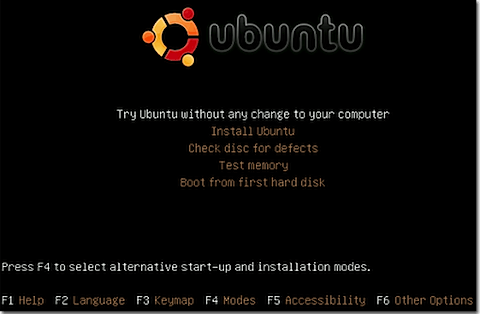 Menú principal de Ubuntu Linux Live CD