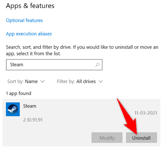 desinstalar la aplicación Steam en Windows 10