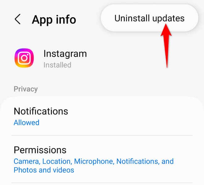 Desinstalar las actualizaciones de la aplicación Instagram en Android imagen